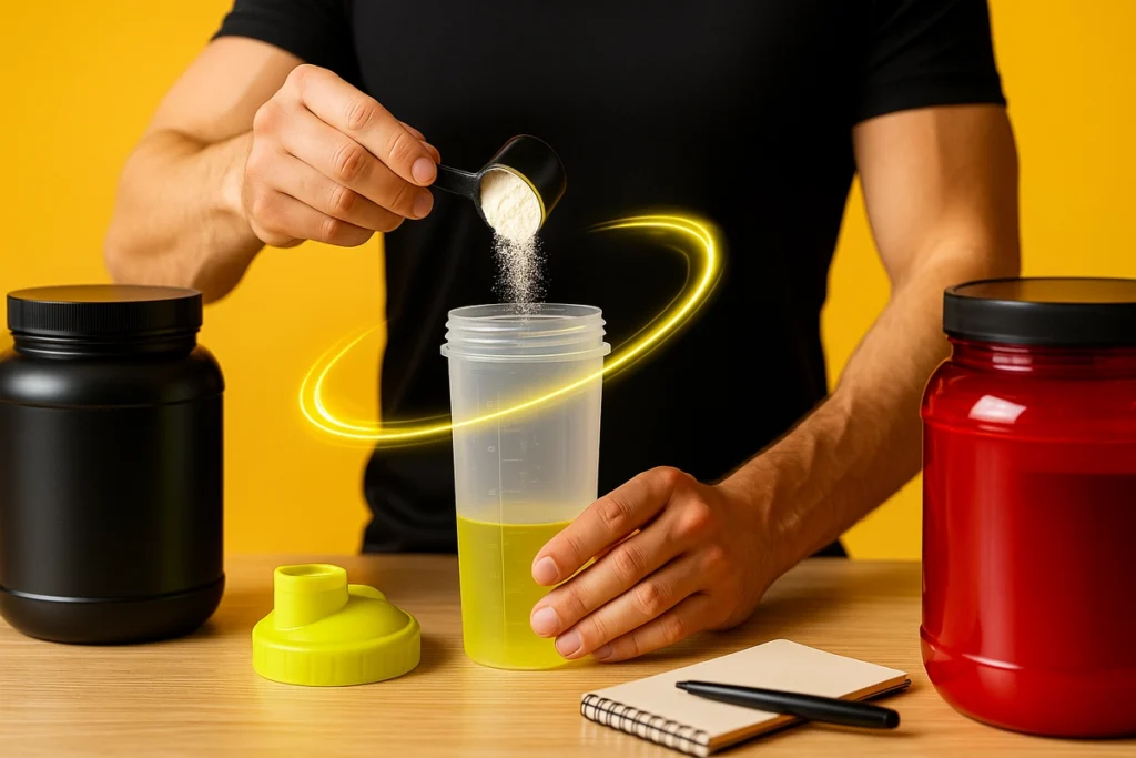 Hands scooping beta-alanine into shaker with supplements and workout log nearby