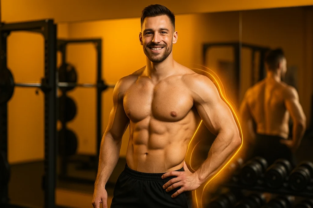 Confident muscular man in gym mirror with neon outline and positive energy