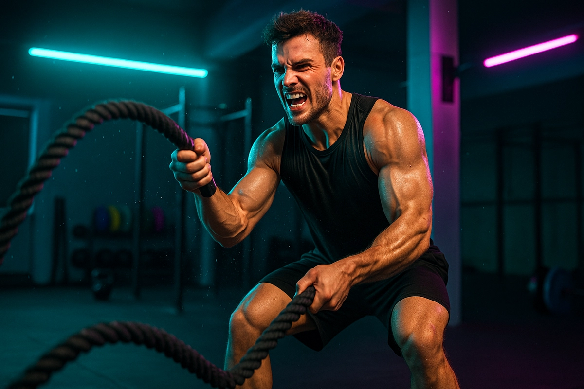 CrossFit athlete using battle ropes intensely during HIIT workout