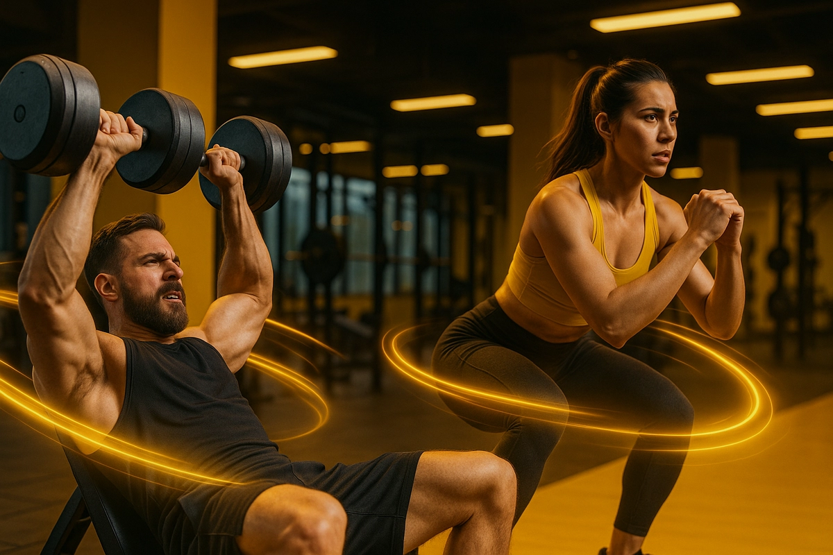 Fit male and female athletes training intensely with glowing energy effects in a gym setting