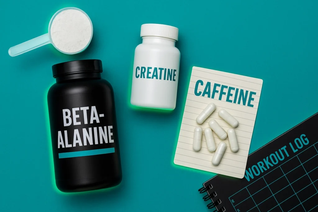 Supplements including beta-alanine, creatine, and caffeine arranged for stacking strategy