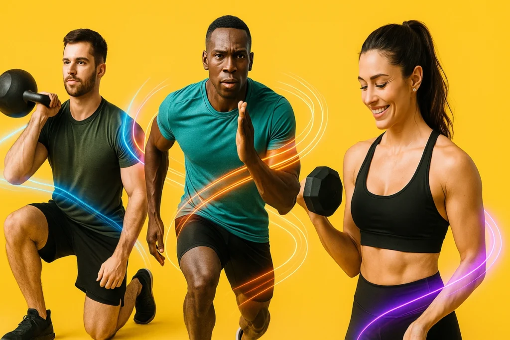 Collage of CrossFit athlete, female lifter, and endurance runner in action