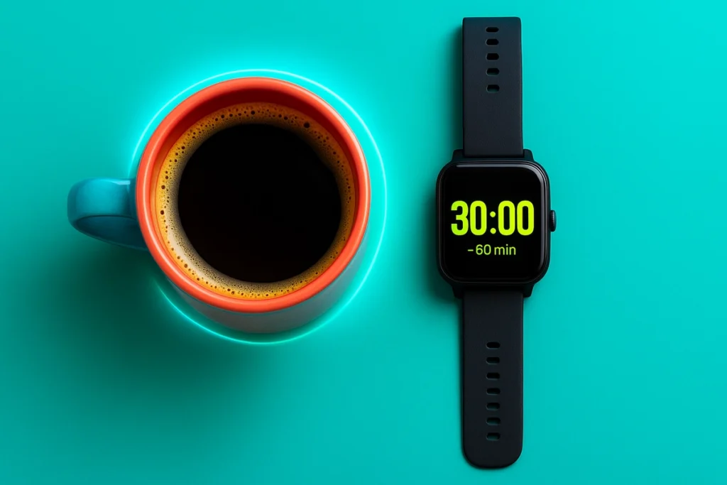 coffee and fitness watch showing best caffeine timing before morning workout