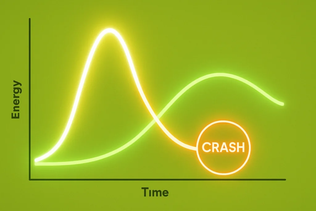 graph comparing caffeine crash curve to sustained energy curve