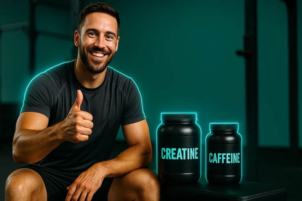 Athlete in gym giving thumbs up with creatine and caffeine on bench nearby