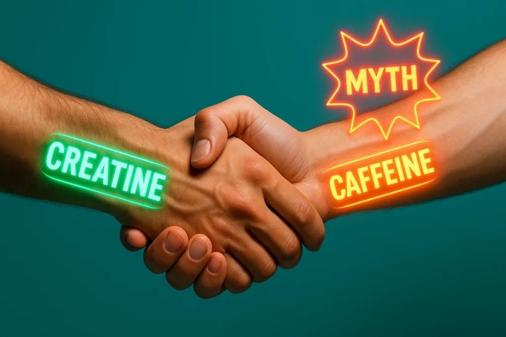 Hands shaking with creatine and caffeine labels, myth bubble bursting behind
