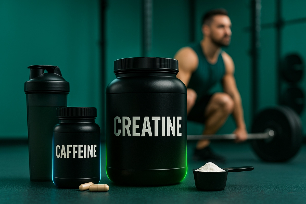 Caffeine and creatine supplements side by side in gym setting with athlete in background