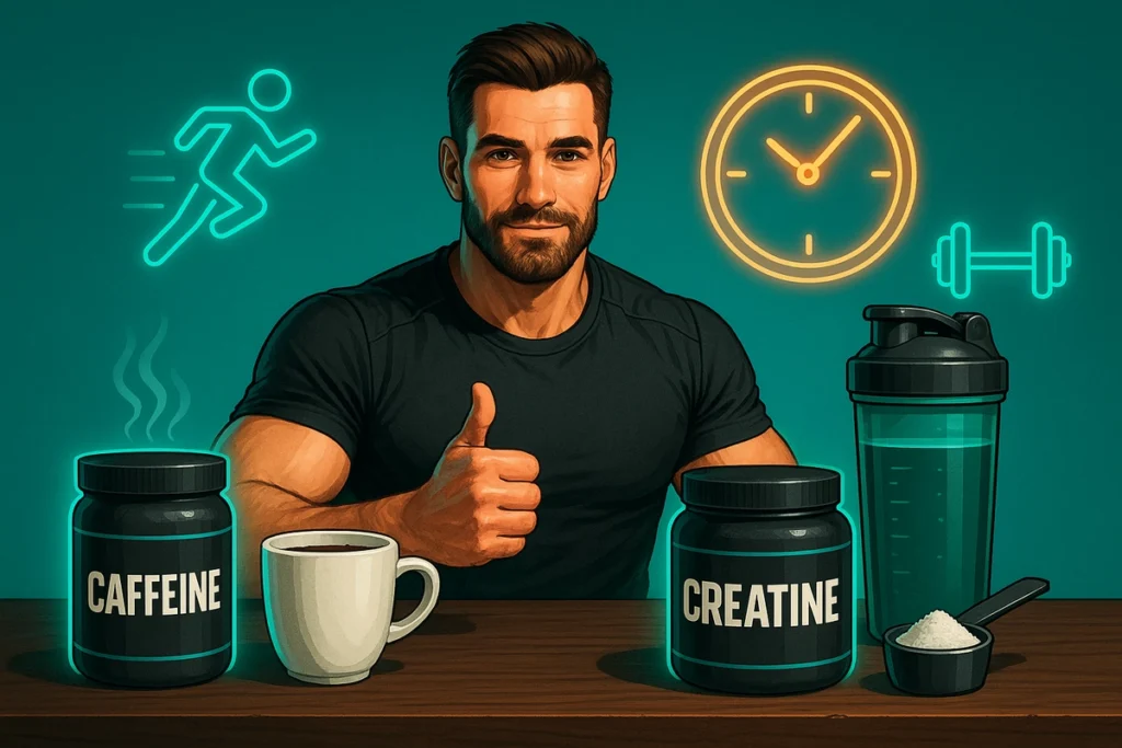 Clock showing best time to take caffeine and creatine before workout