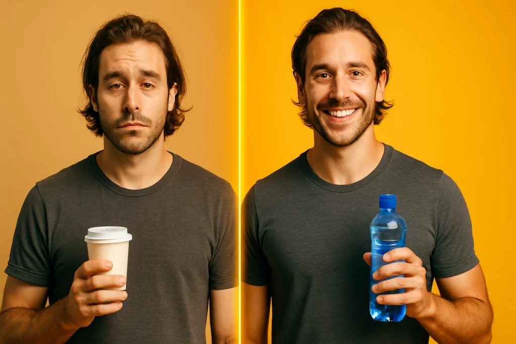 Before and after caffeine cycling experience showing visible energy change