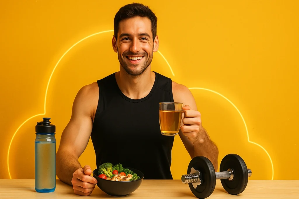 Healthy athlete with tea and weights showing benefits of caffeine cycling