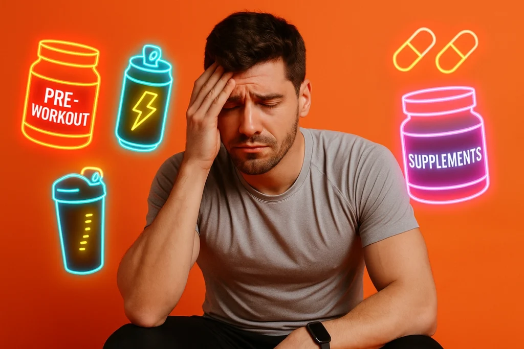 Stressed athlete surrounded by energy drinks and pre-workout supplements