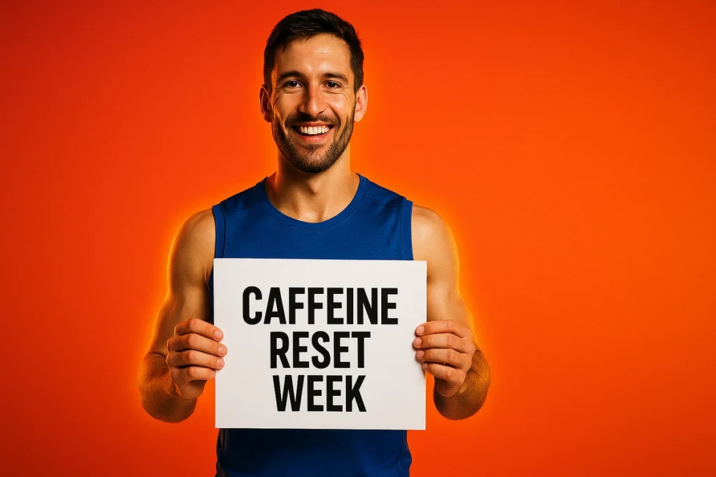 Smiling athlete holding a sign for caffeine reset week outdoors