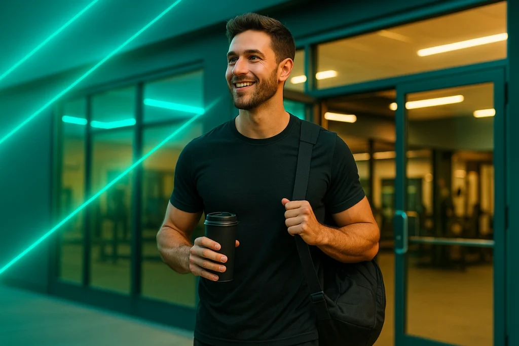 energized athlete entering gym with coffee before early workout