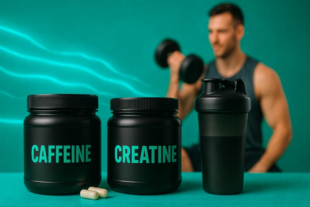 Coffee and creatine powder side by side with a question mark in fitness theme