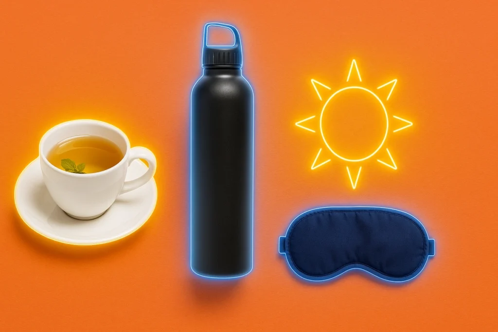 Natural remedies for caffeine withdrawal including tea, water, and sleep mask