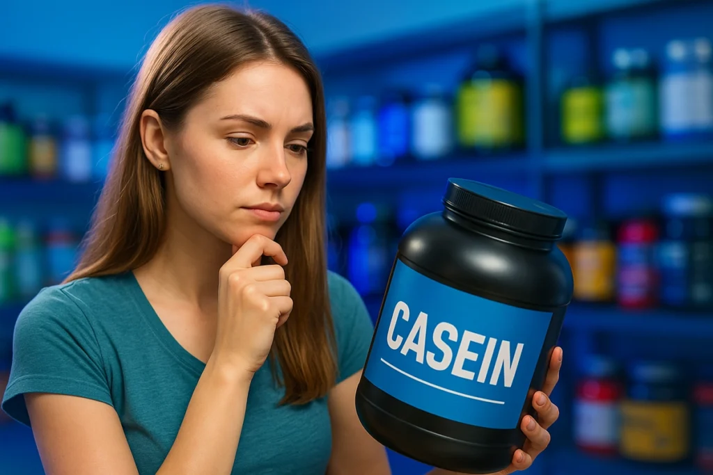 woman reading casein protein label in supplement store