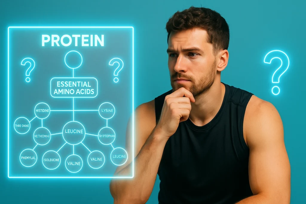 Vegan lifter analyzing protein chart with EAA question for muscle growth