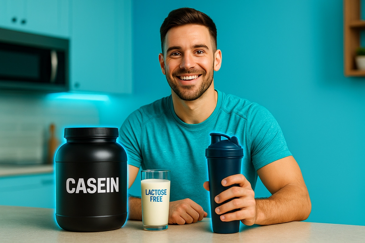 man holding casein shaker with lactose-free milk on modern kitchen counter