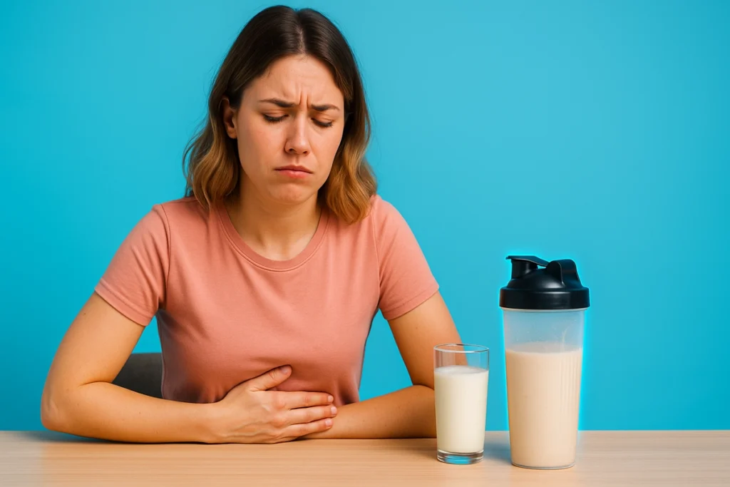 woman with stomach discomfort after drinking casein protein