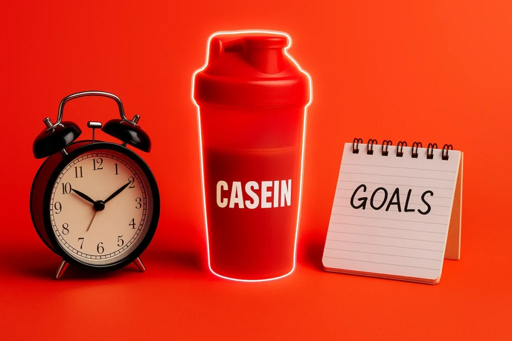 Morning casein protein shake next to a clock and fitness goal planner
