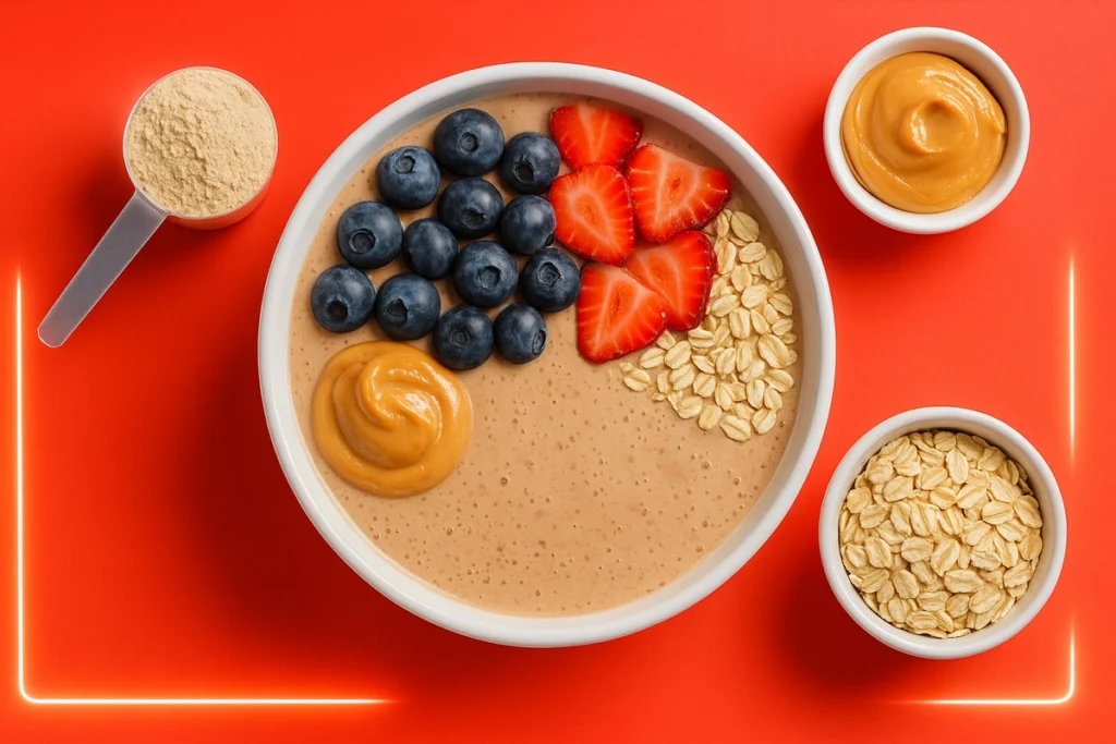 Healthy casein smoothie bowl with berries and oats for breakfast