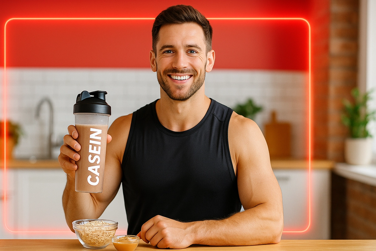 Fitness trainer holding casein shake in the morning with natural light and healthy breakfast setup