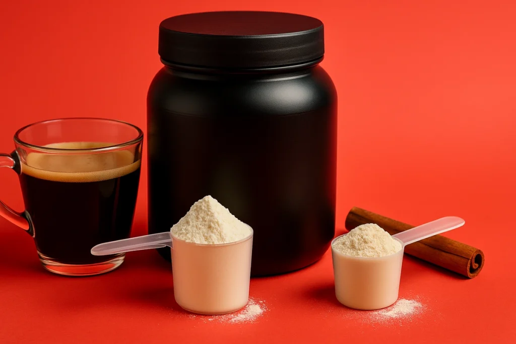 Casein protein with coffee and whey stack options for morning use