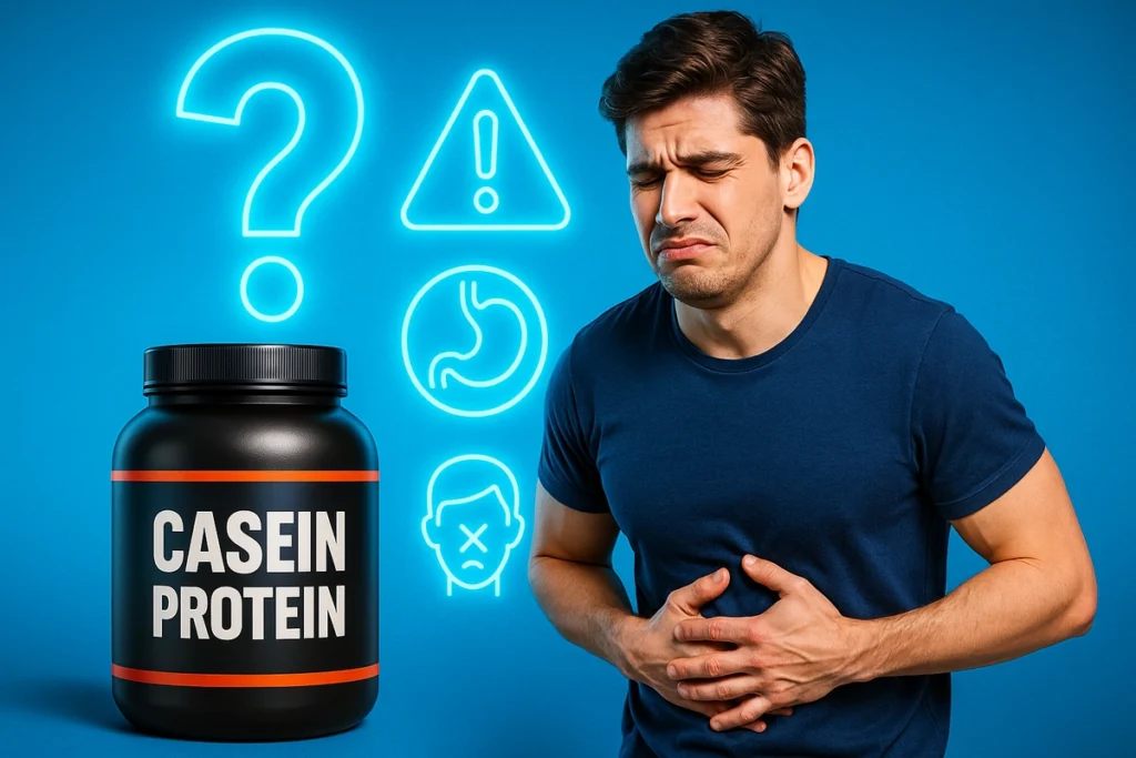 Casein tub with question mark and warning signs representing side effects