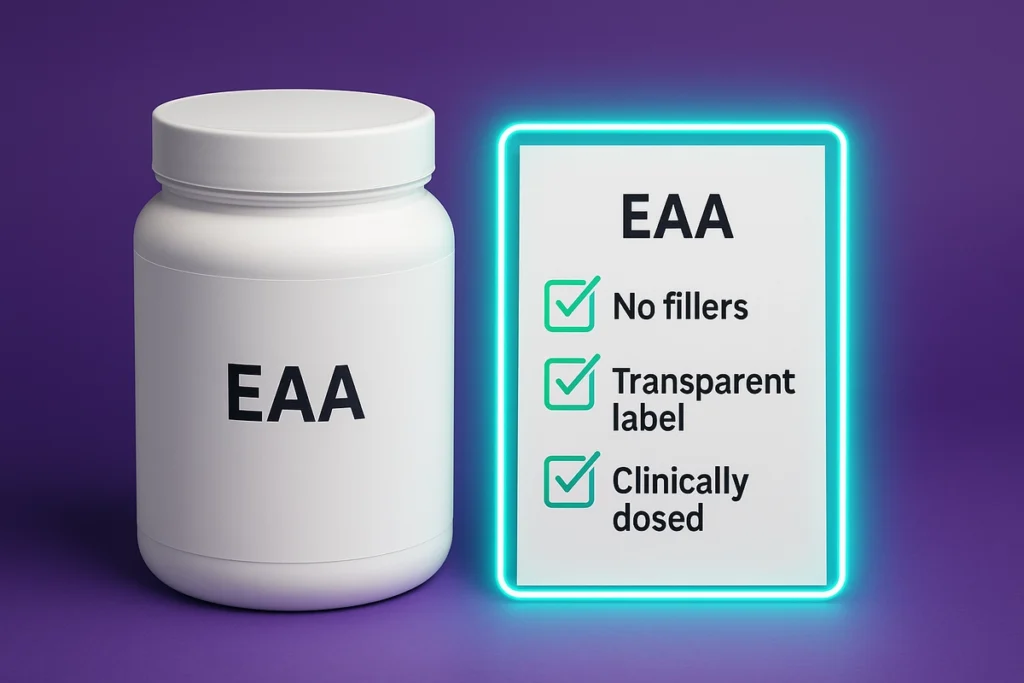 Checklist for clean EAA formula features next to white minimalist supplement container