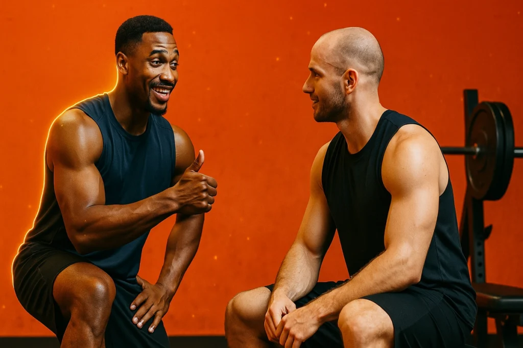 Fitness coach giving supportive advice to athlete about caffeine withdrawal in the gym