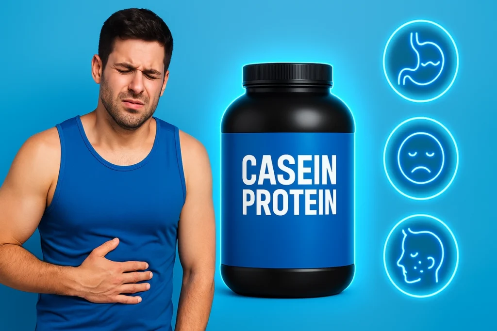 Man feeling bloated with casein side effects icons like acne and fatigue