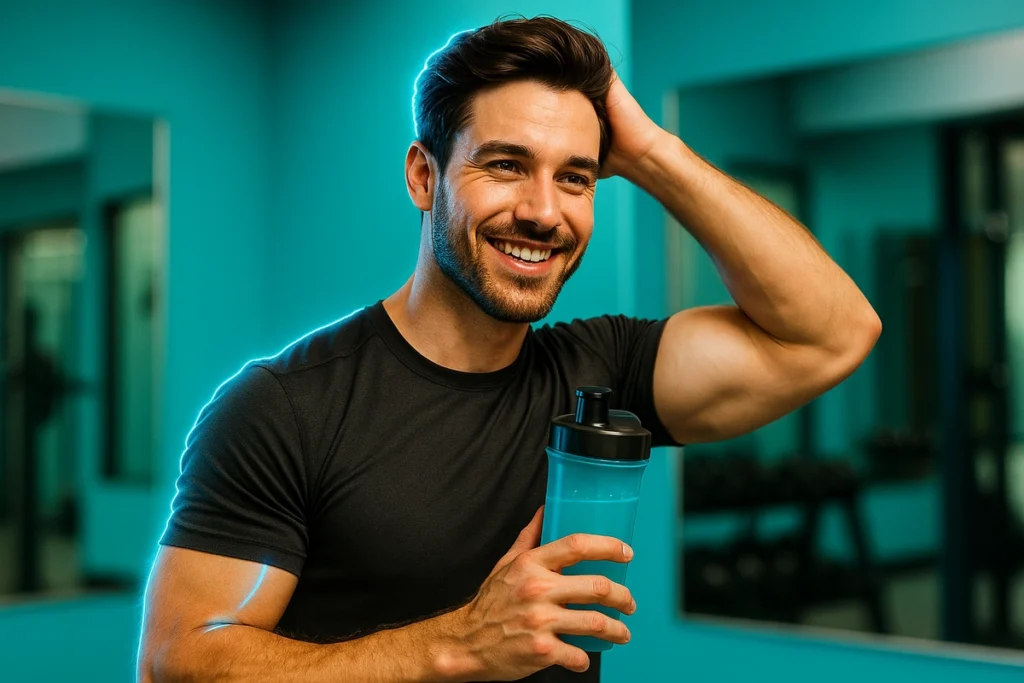 Man smiling in gym with healthy hair after using creatine supplement