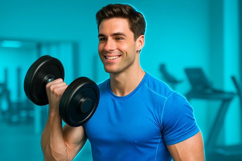 Fit man lifting weights confidently, showcasing healthy hair while using creatine