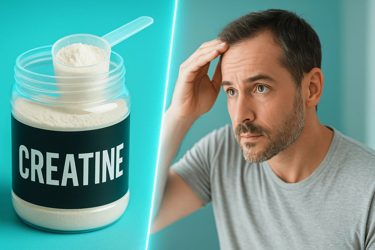 Man looking in mirror checking hair next to creatine supplement