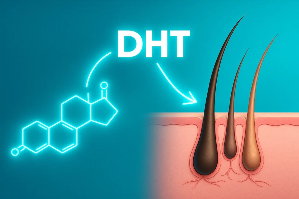 Diagram of DHT hormone effect on hair follicles in male pattern baldness