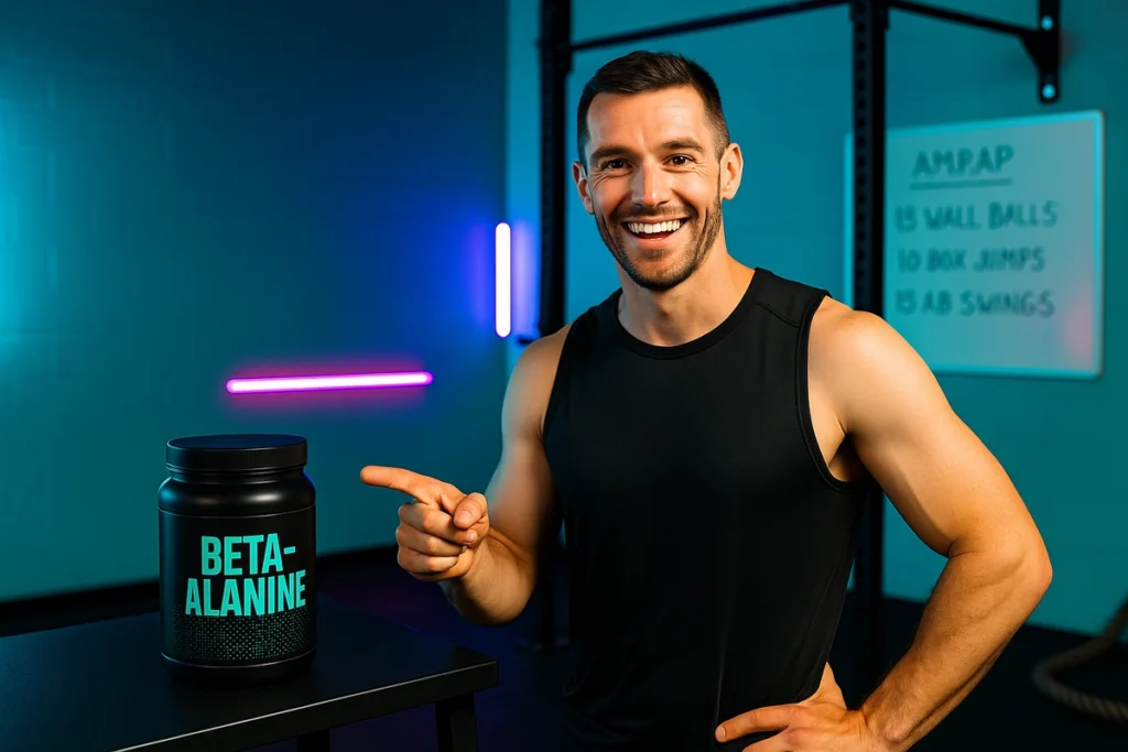 Trainer explaining beta-alanine supplement in a CrossFit gym