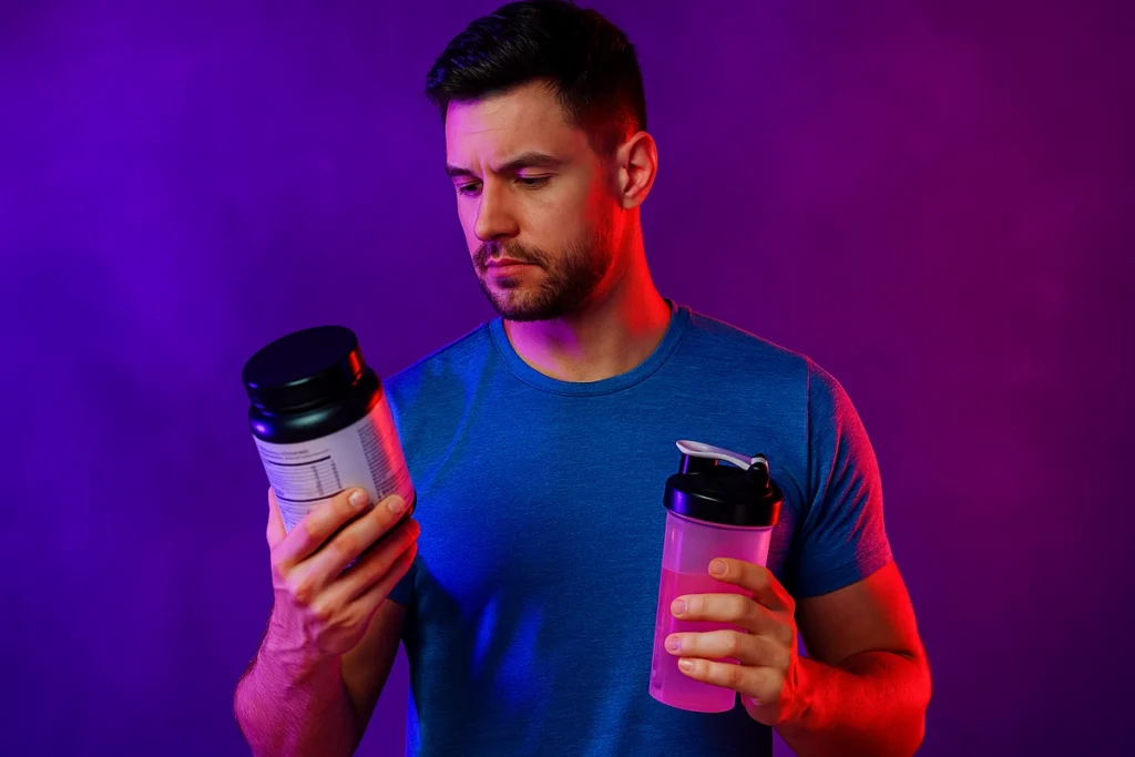 Person reading EAA supplement label before fasted training