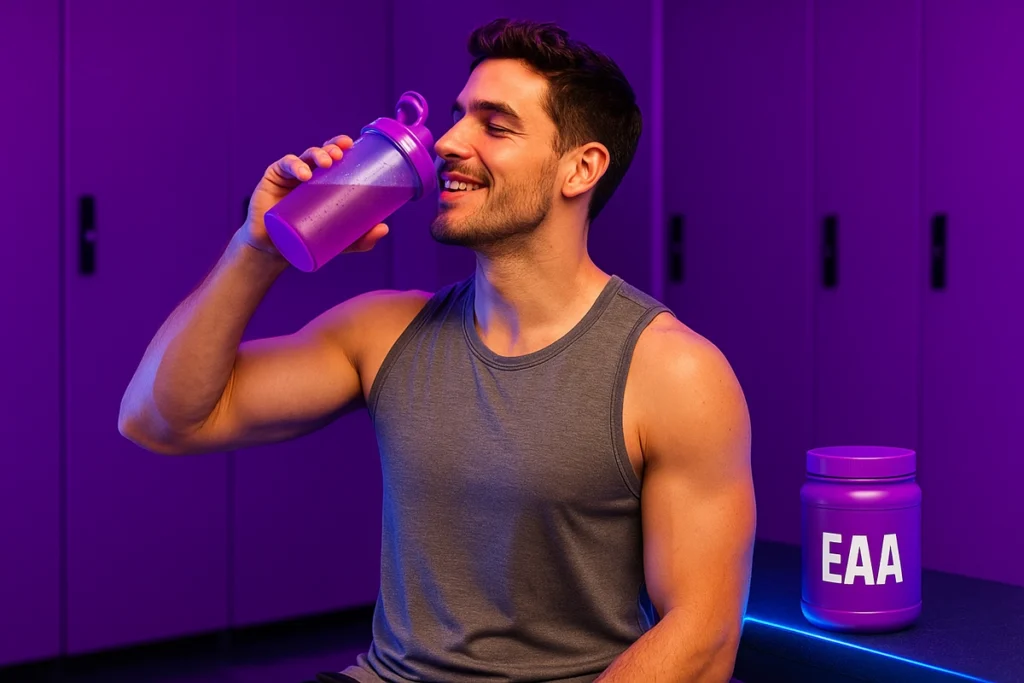 Athlete taking EAAs before training in gym locker room