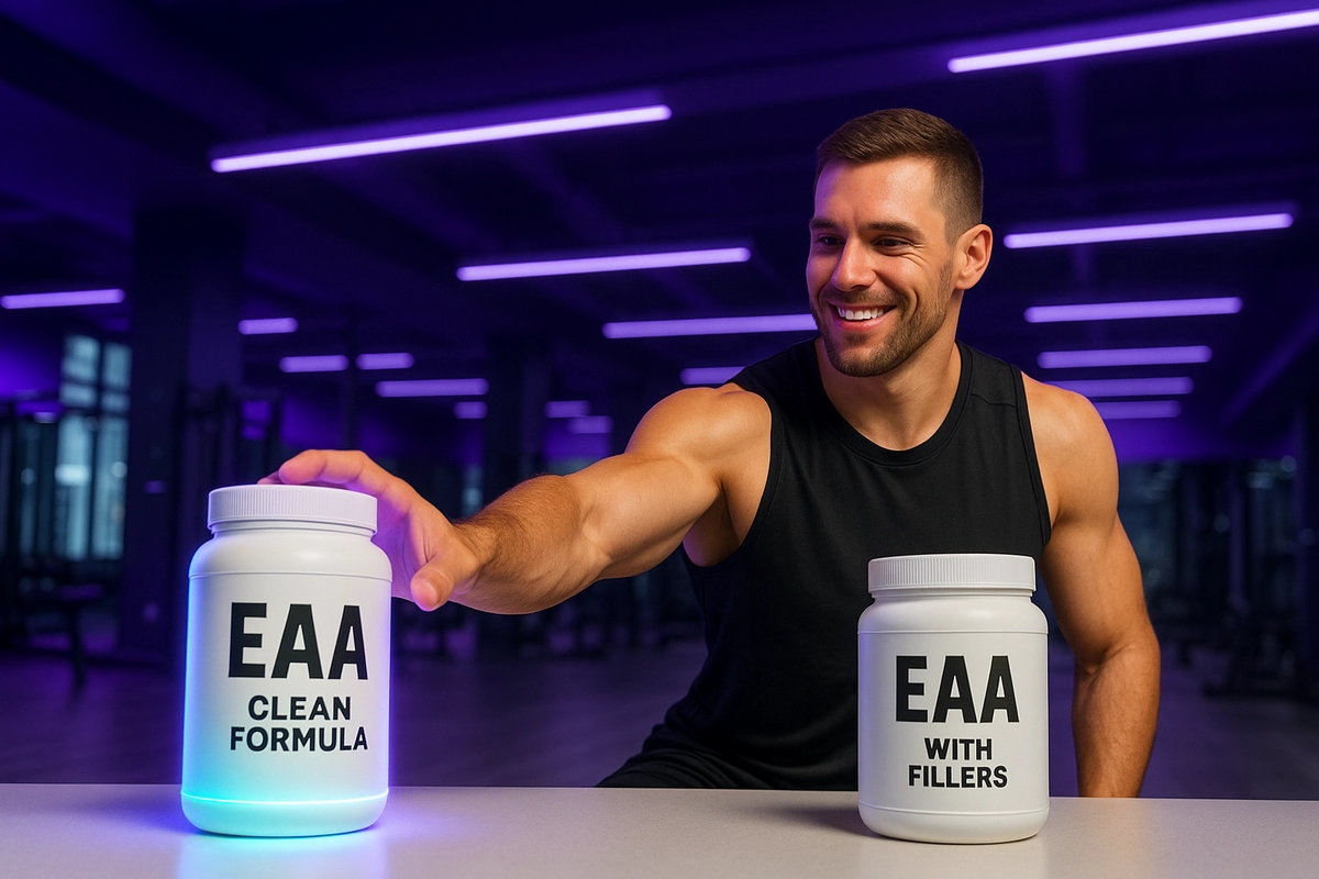 Athlete choosing clean EAA supplement over one with fillers in modern gym setting