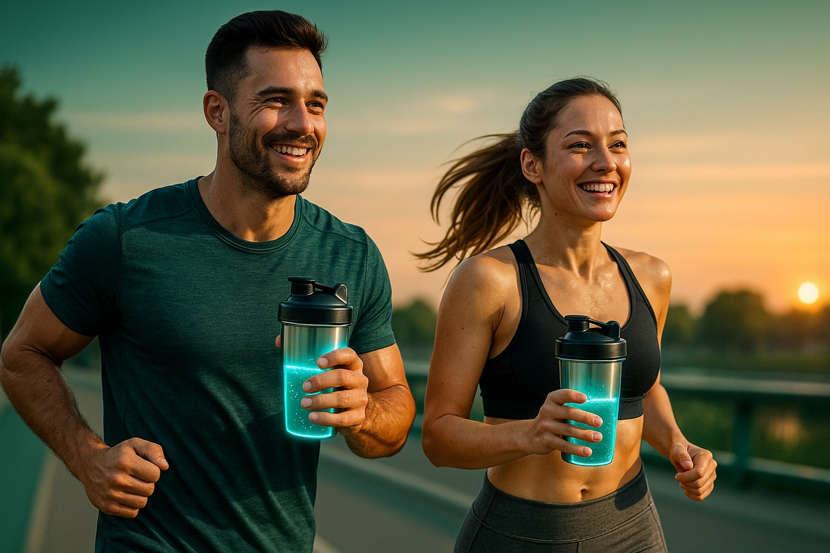 Man and woman doing fasted cardio with EAA supplement in the morning
