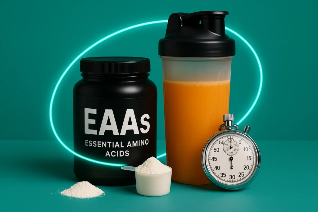 EAA supplement and stopwatch before fasted cardio workout