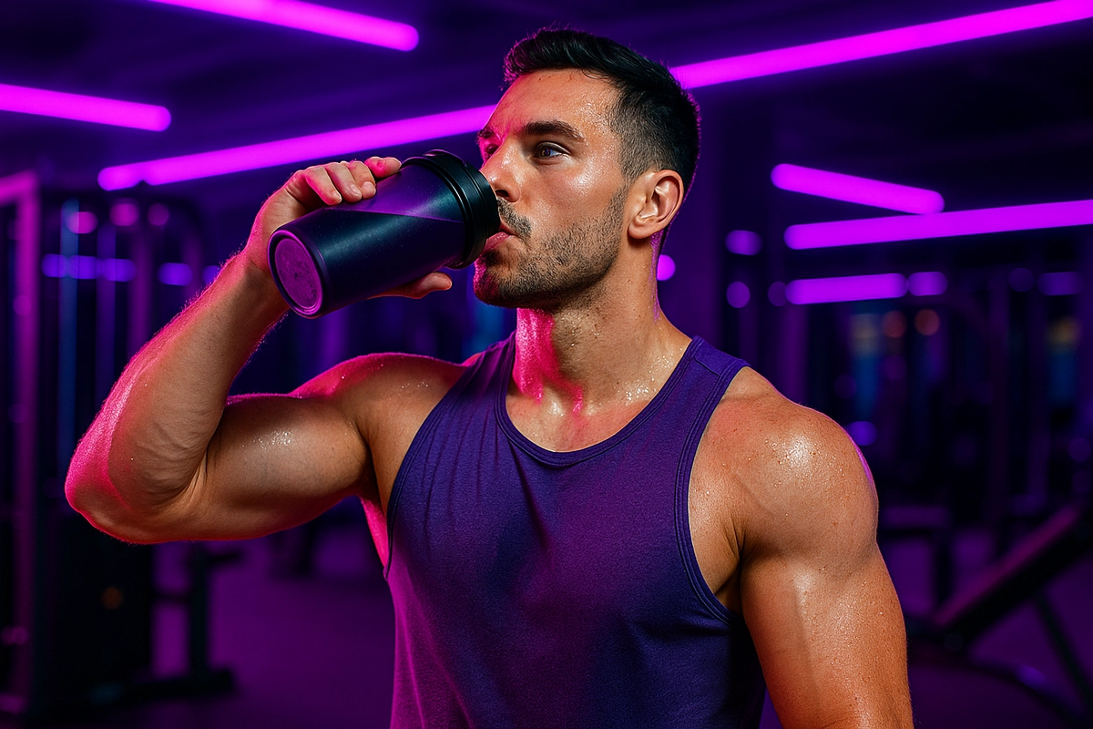 Fit man drinking EAAs during workout in gym for muscle recovery