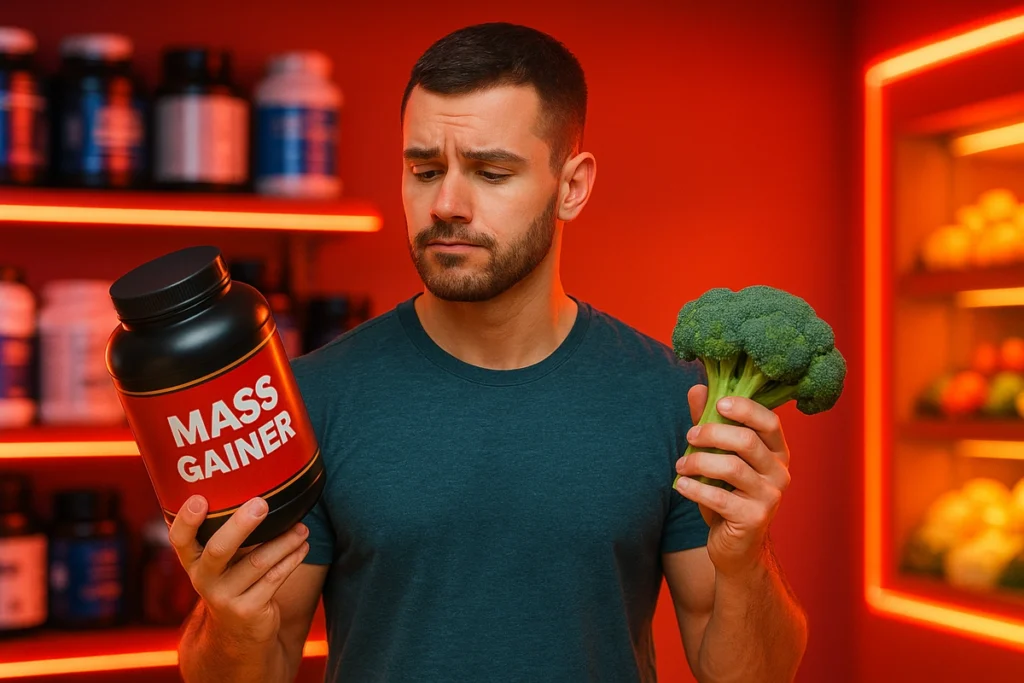 Man choosing between mass gainer supplement and whole food in nutrition store