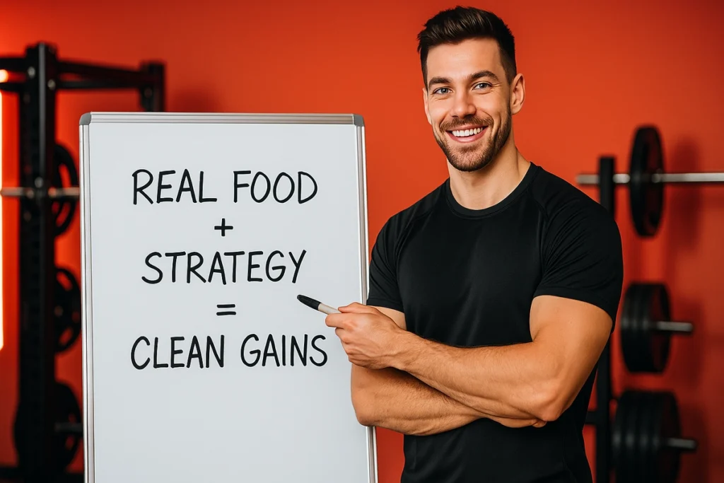 Fitness coach presenting best bulking strategy using real food for muscle gain