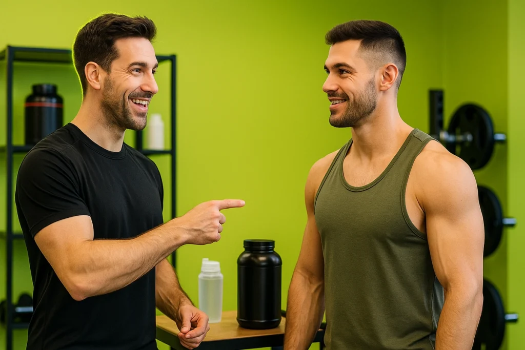 Trainer recommending optimal creatine dosage to 80kg male in gym