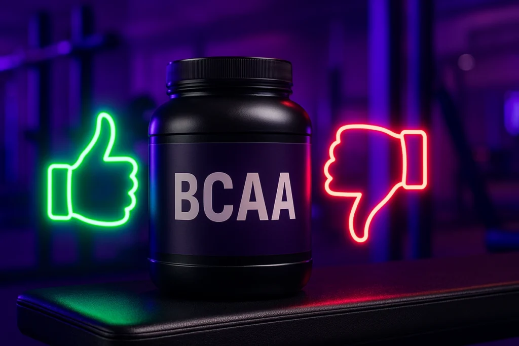 BCAA container with glowing thumbs up and down on gym bench