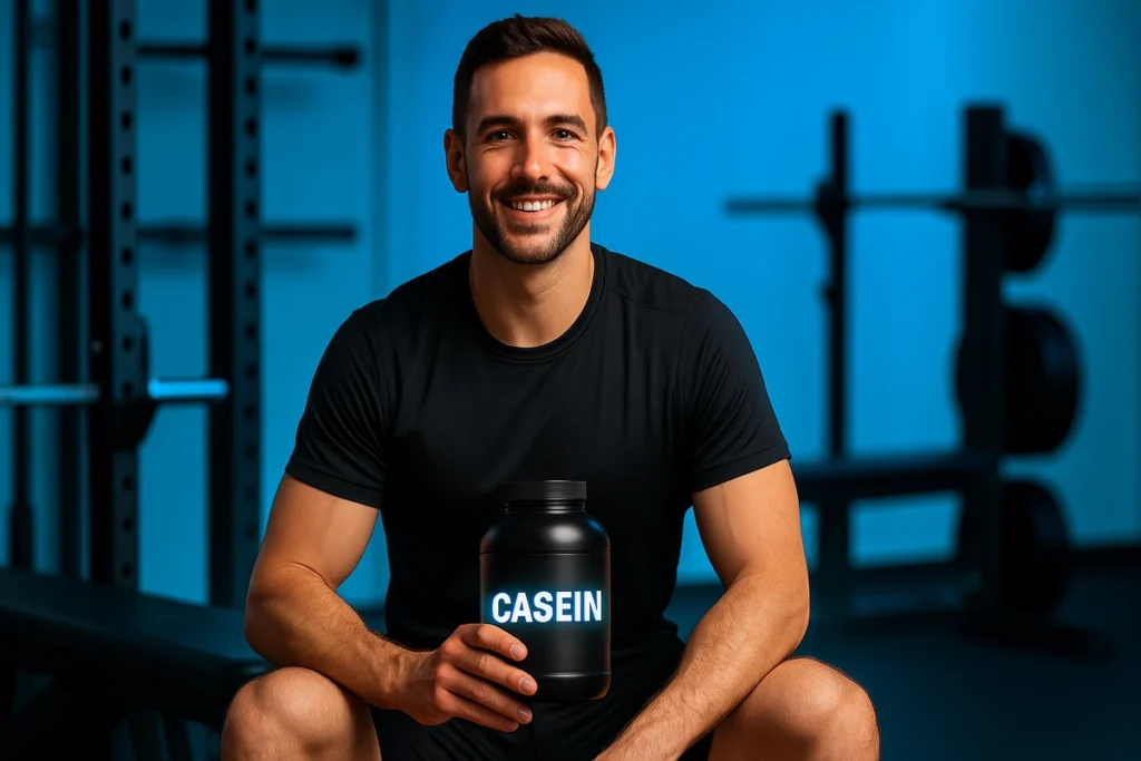 fitness trainer holding casein tub and smiling confidently