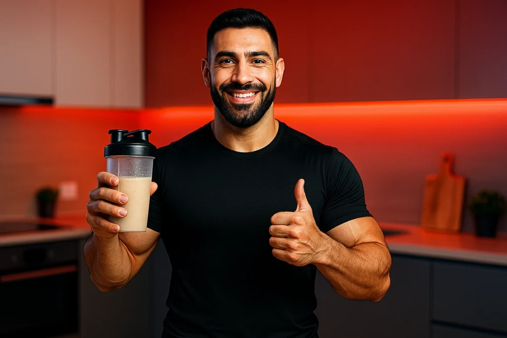 Fitness coach recommending casein protein in the morning with motivational message
