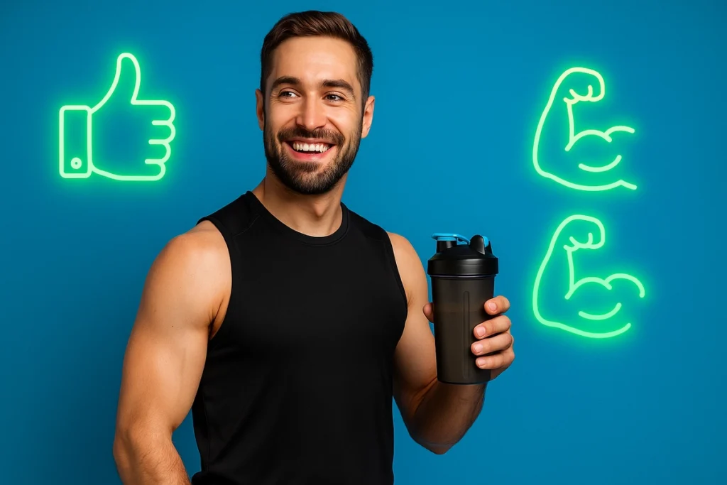 Smiling athlete holding casein shake with safe-to-use icon and muscle growth symbols