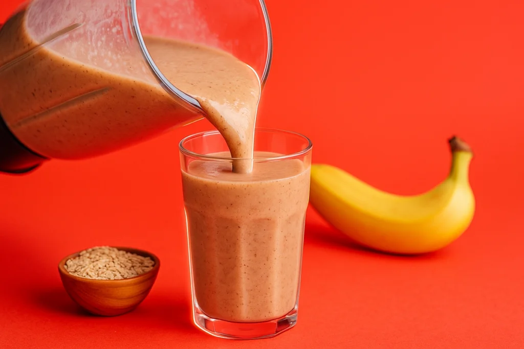 Pouring homemade sugar-free mass gainer shake into a glass
